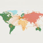 Planisphère colorée avec flux de données mondiaux, illustrant les transferts internationaux de données liés au RGPD et la jurisprudence de la CJUE.