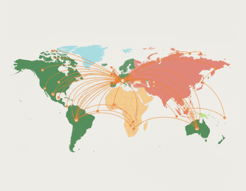 Planisphère colorée avec flux de données mondiaux, illustrant les transferts internationaux de données liés au RGPD et la jurisprudence de la CJUE.