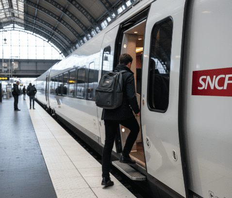 Personne de dos montant dans un train SNCF blanc sur un quai de gare.