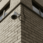 Une caméra de vidéosurveillance dôme blanche fixée à l'angle extérieur d'un bâtiment en briques, vue d'en bas.