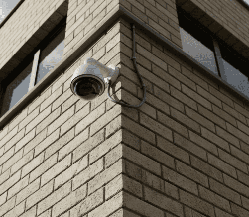 Une caméra de vidéosurveillance dôme blanche fixée à l'angle extérieur d'un bâtiment en briques, vue d'en bas.