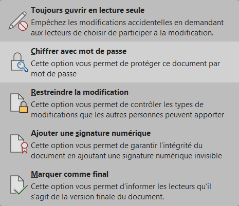 Menu des options de "Protéger le document" dans Microsoft Office, montrant la fonction "Chiffrer avec mot de passe".